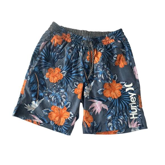 Hurley Swim Trunks Shorts Hibiscus Flower Volley Mens Small Blue Lined #5467 - Picture 1 of 11